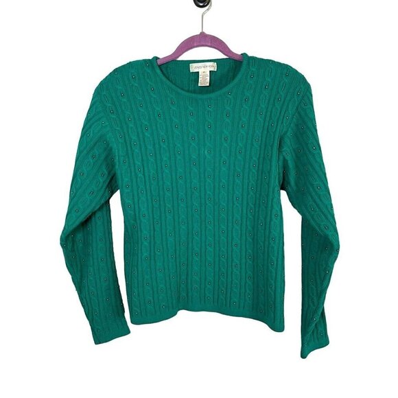 Jones New York Sweater Women M Green Varsity Old Money Knit Preppy Neutral Soft - Picture 1 of 10